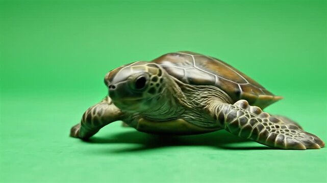 A green sea turtle figurine or toy on a vibrant green background, facing forward with detailed shell and skin textures.