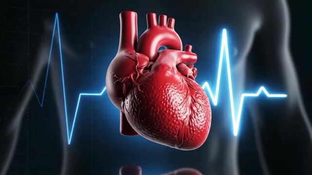 3D heart with ECG waveform on blue, cardiology medical technology