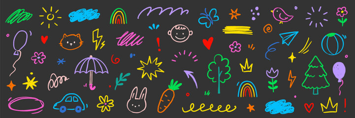 Obraz premium Cute kid baby icon set. Hand drawn kid doodle marker stroke with cute color rainbow, sun, cloud childish background. Cartoon sketch children flower, car, house icon elements. Vector illustration