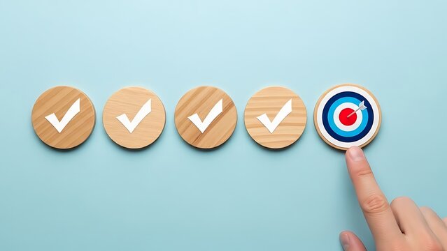 Finger pointing toward a wooden target with an arrow hitting the bullseye after completing four sequential checklist tasks represented by wooden circles with white check marks confirming success.