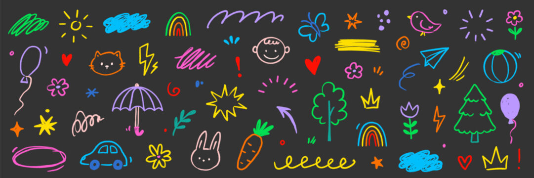 Cute kid baby icon set. Hand drawn kid doodle marker stroke with cute color rainbow, sun, cloud childish background. Cartoon sketch children flower, car, house icon elements. Vector illustration