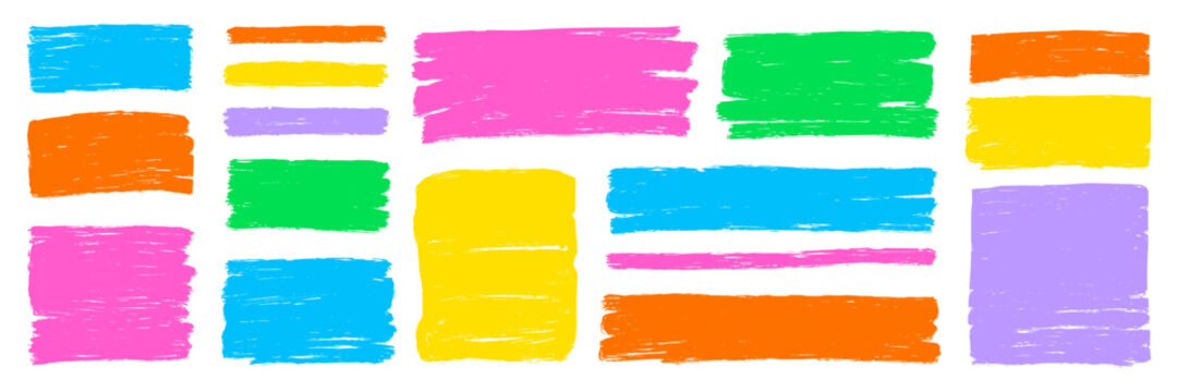 Rectangle, square box frames with colorful brush strokes set. Hand drawn crayon brush strokes square and rectangle doodle frame shapes. Rough grunge texture pastel background. Vector illustration