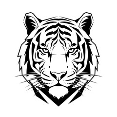 Fototapeta premium Tiger Head: A striking illustration of a tiger's head, presented in a bold black and white design that captures the animal's fierce beauty and majesty.