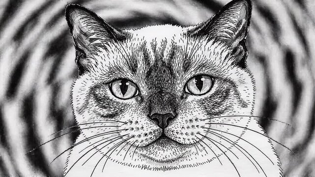 Monochrome Cat Portrait with Hypnotic Background, Elegant Feline Drawing