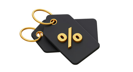 Golden Percentage Symbol on Black Price Tags Announcing Retail Sales, E-commerce Promotions, Special Discount Offers, and Financial Savings, Isolated on White Background, PNG