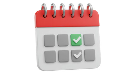 3D Calendar Icon with Green Checkmarks for Successful Project Planning, Task Management, and Business Schedule Completion, Isolated on White Background, PNG
