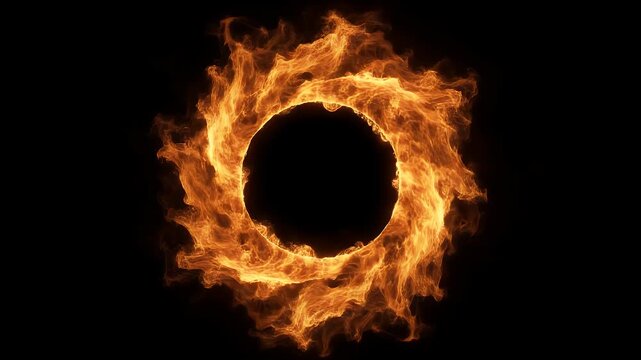 Flaming circle engulfing a black void on a dark backdrop