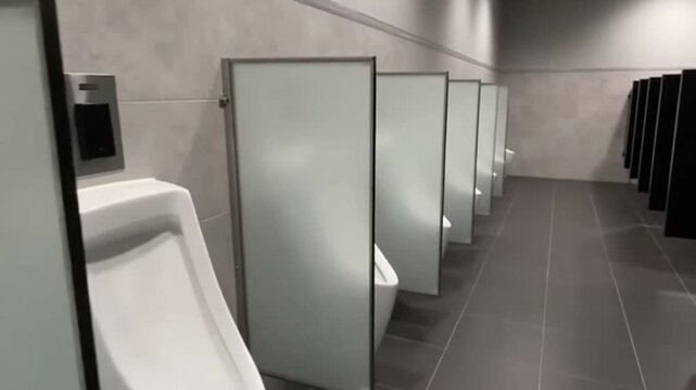 Minimalist Men's Room Interior with Urinals and Privacy Dividers, Clean and Modern Design