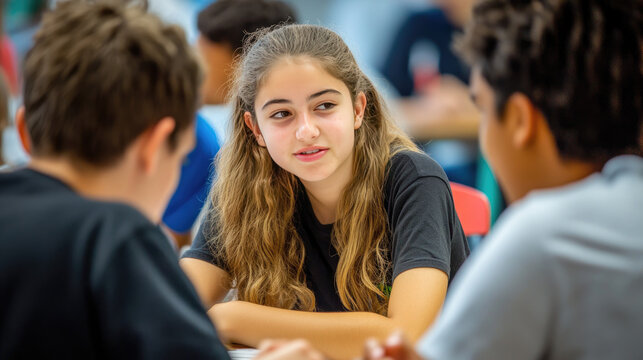 A girl engaging in a conversation with two other students in a classroom setting, showcasing a focused and communicative exchange AI Generative