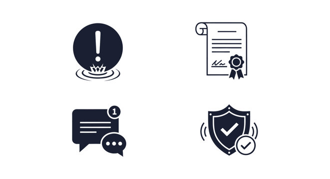 A collection of four digital interface icons representing common concepts like error, message, certificate, and verification