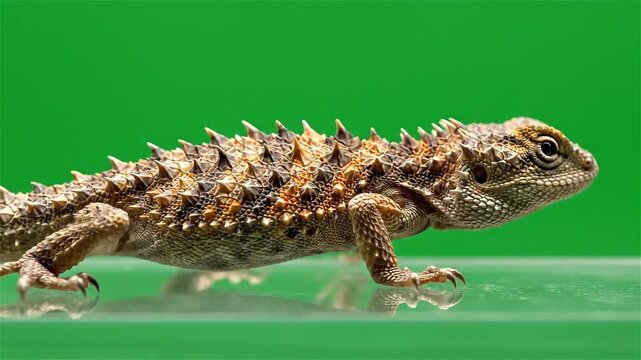 Close-up profile of a spiky brown and tan lizard with textured scales walking on a reflective surface against a vibrant green background.