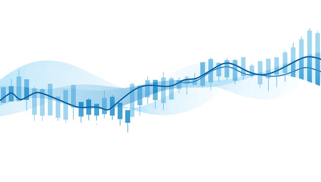 Abstract blue financial graph with candlestick bars and a smooth wave pattern on a black background