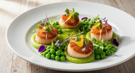 Seared shellfish medallions rest upon vibrant green pea puree garnished with fresh shoots and edible flowers