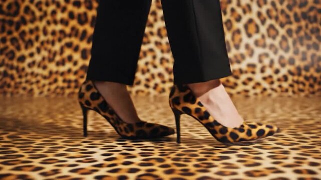 Person walking in leopard print high heels on matching pattern background
