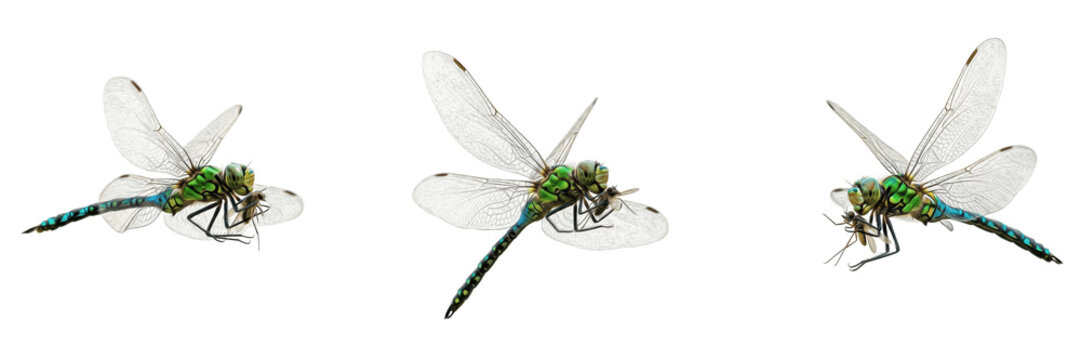 Set of vibrant green dragonflies in flight and hunting prey isolated on white background.