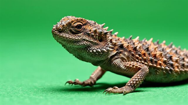 Close-up shot of a small spiky lizard with brown and orange scales on a vibrant green background, showcasing its unique texture and features.