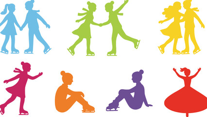 Colorful silhouettes of children ice skating on a white background