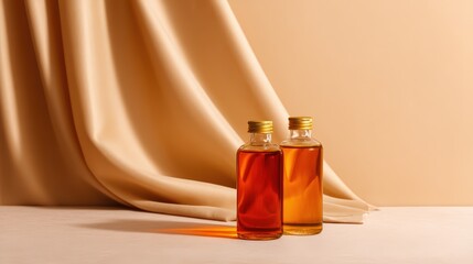 Two glass bottles filled with amber liquid are elegantly displayed against a soft beige backdrop, highlighting their sleek designs.