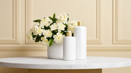 A stylish arrangement of white flowers in a white pot, accompanied by two elegant, minimalist bottles, set against a soft, neutral background.