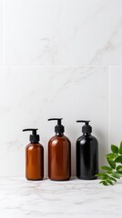 Three stylish amber and black bottles with pumps are neatly arranged on a marble countertop alongside a small green plant, creating a modern aesthetic.