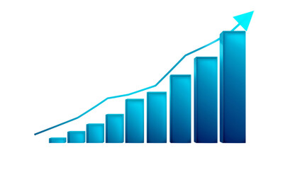 Fototapeta premium Ascending 3D bar graph in shades of blue with a bright blue arrow showing financial growth on a black background