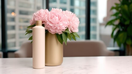 A serene indoor setting featuring a pink peony arrangement in a gold vase beside a soft-colored bottle on a marble surface.