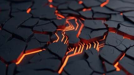 A close-up of cracked black surface revealing glowing orange lines, resembling a blend of technology and volcanic rock textures.