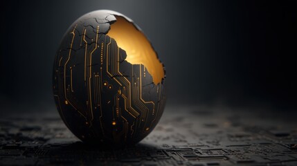 A futuristic egg with a cracked surface revealing glowing circuitry inside, set against a dark background.