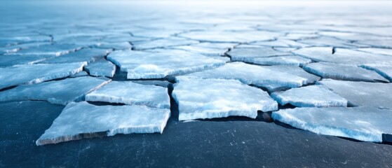 A serene icy landscape featuring cracked ice formations on a reflective surface, creating a tranquil and expansive winter scene.
