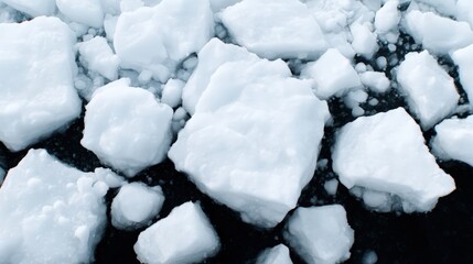A close-up view of fractured ice pieces floating on dark water, showcasing the textures and shapes of the ice.