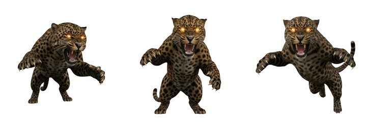 Fototapeta premium Set of aggressive leopard predators with glowing orange eyes in pouncing and roaring poses isolated on white background.