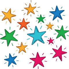 Fototapeta premium Assortment of brightly colored handdrawn stars with glowing lines on a white background