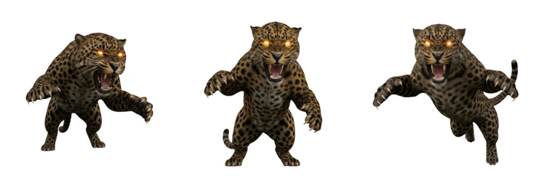 Set of aggressive leopard predators with glowing orange eyes in pouncing and roaring poses isolated on white background.