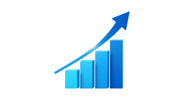 Blue 3D bar chart with an upward trending arrow on a black background symbolizing financial growth and success
