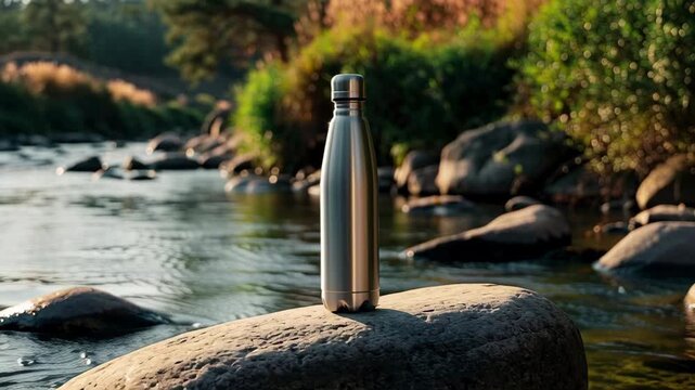 Reusable stainless steel water bottle standing on rock in flowing river nature scene