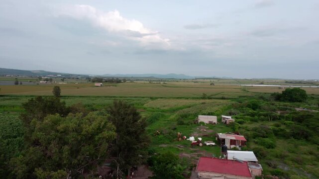Drone aerial over a farmhouse and village edge beside green fields and trees, showing quiet countryside property and dirt road under cloudy sky.