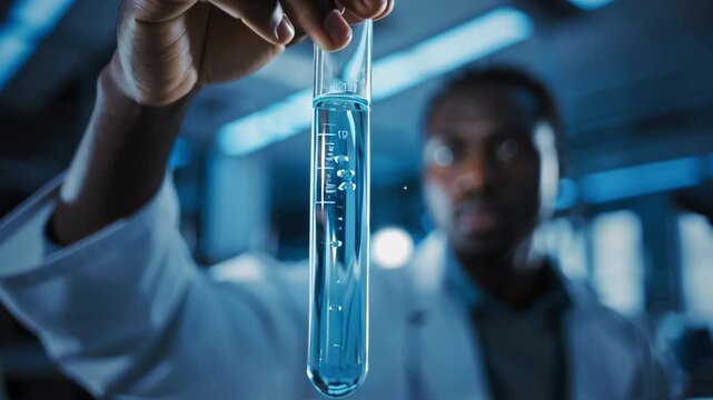 African American Scientist Analyzing Blue Liquid in Test Tube in Modern Laboratory