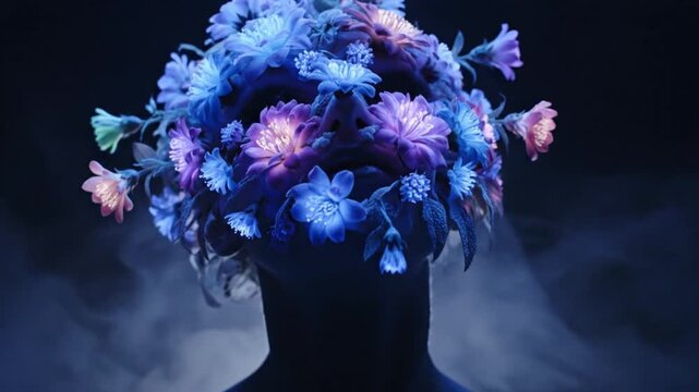 A human silhouette crowned with an extraordinary array of glowing bioluminescent flowers, embodying a surreal mindscape and ethereal transformation