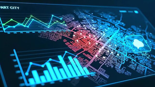 Smart city digital platform showcasing urban infrastructure, data analytics, and planning. Illustrates intelligent technology for modern metropolitan development and efficient management