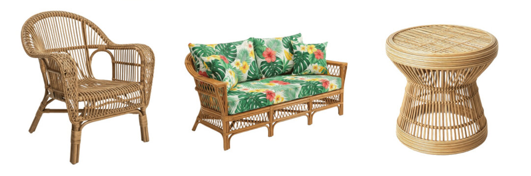 Set of outdoor wicker rattan furniture including armchair, sofa with floral tropical cushions and round side table isolated on white background.