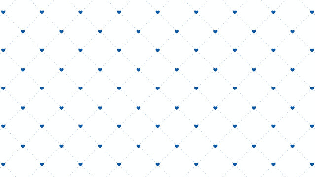 Minimalist white background with blue heart pattern and dotted diamond grid, clean geometric seamless vector for modern stationery and textile prints