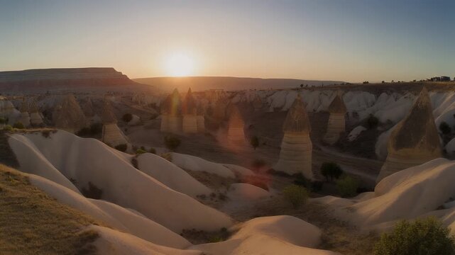 Scenic view of hoodoos at sunset, with rolling hills