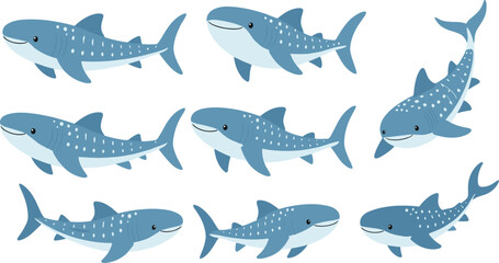 Cute Whale Shark Cartoon Vector Set with Multiple Swimming Poses for Marine Wildlife Education Kids Learning and Ocean Illustration Design Projects © MstSuborna