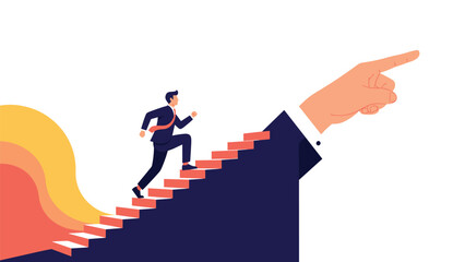 Obraz premium Determined businessman runs up a staircase formed by a giant arm pointing toward a successful future and career goals.