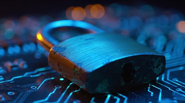 Cyber security concept with a metal padlock on a computer circuit board representing data protection and internet safety