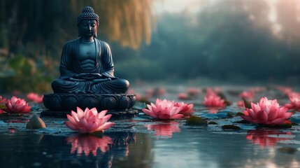 Buddha statue and lotus flowers in the lake. Buddha Purnima. Vesak day. Meditating Buddha and Pink Lotuses