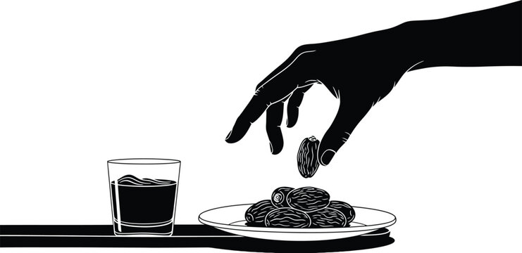 A hand picking up dates fruits from a plate with a glass of juice/sarbat, Ramadan,  isolated on transparent background