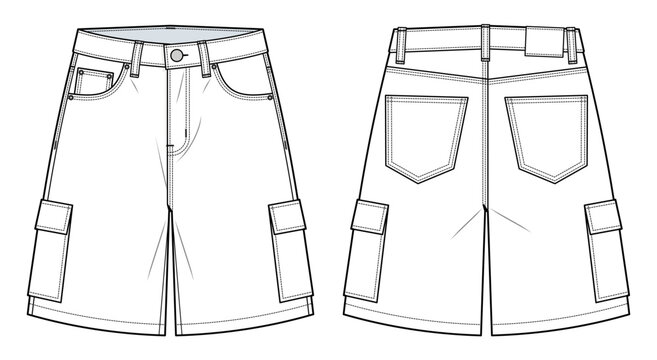 Unisex Denim Shorts Fashion Vector Template. 5-Pocket Design with Side Patch Pockets. Front and Back View. CAD Mockup Set.