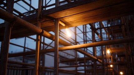 Detailed view of industrial scaffolding structures illuminated by warm glowing bulbs during twilight showcasing construction materials and urban