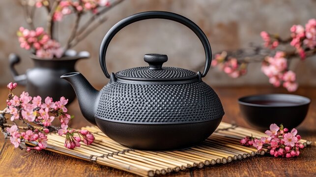 Black cast iron teapot on bamboo mat, surrounded by spring blossoms